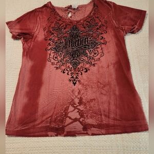 Affliction Women's Washed Red Short Sleeve Graphic Tee Lace-up Back XXL Grunge